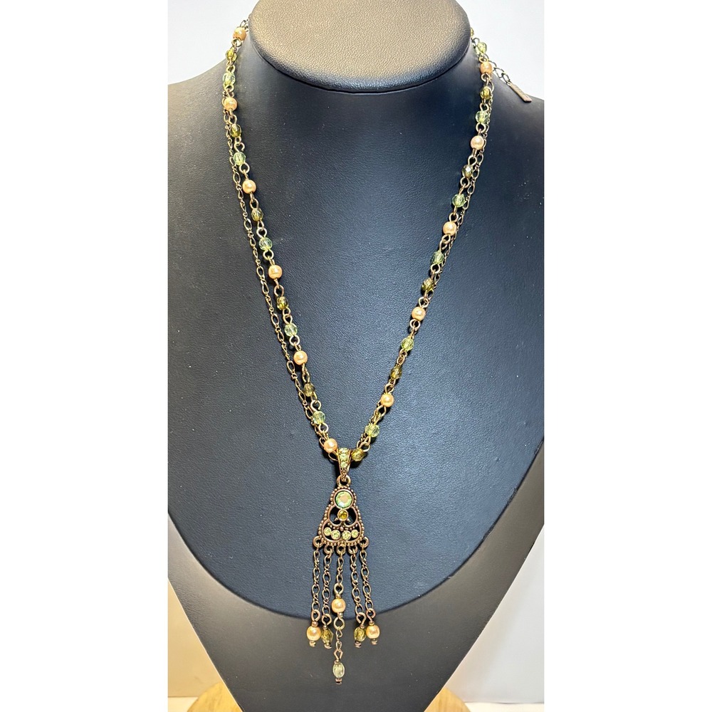 Vintage 1928 Necklace Bronze Bohemian Tassel Jewelry Green Rhinestone Pearl 19"